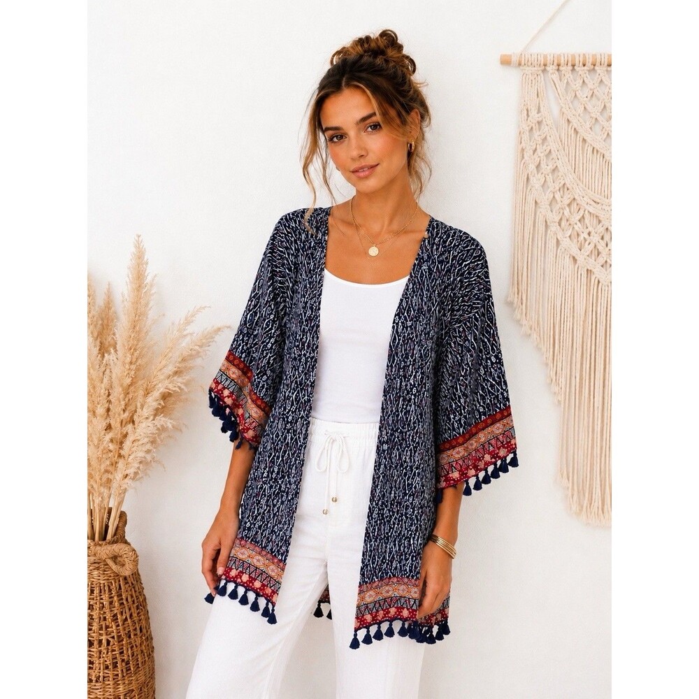 Kimono Tribal Print Tassel Trim Navy Multi Open Front Size L